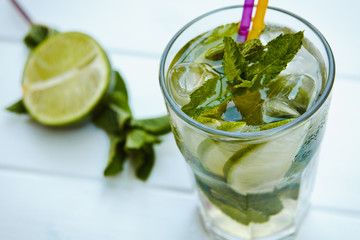 Tradition Summer drink mojito with lime and mint.