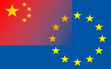 Chinas Beziehung zu Europa - 
Die Chinesische Flagge (links oben) ragt in den Sternenkreis der Europäischen Flagge. 