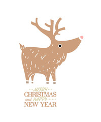 Cute  brown deer. New Year, Christmas  Holiday greeting card, banner design template. Vector illustration