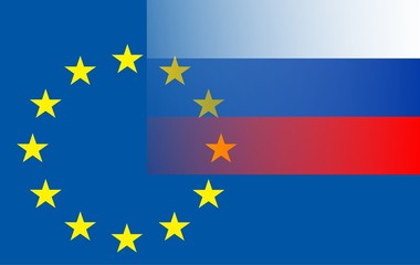 Beziehung EU -Russland - 
Die russische Flagge (rechts oben) ragt in den Sternenkreis der Europäischen Flagge. 