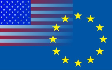Beziehung EU - USA - 
Die Amerikanische Flagge (links oben) ragt in den Sternenkreis der Europäischen Flagge. 