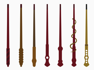 Magic wands. Magic and magical objects. Wizard tool. Isolated on white background. Vector illustration.