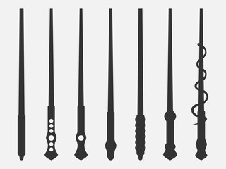Magic wands. Magic and magical objects. Wizard tool. Isolated on white background. Vector illustration.