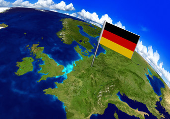 Flag marker over country of Germany on world map 3D rendering, parts of this image furnished by NASA