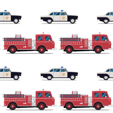 seamless pattern of the fire engine and police car.