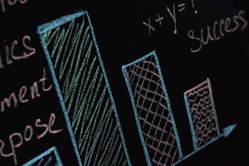 Charts, plans, diagrams mathematical equation with two unknowns and question mark, words education,...