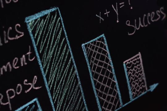 Charts, plans, diagrams mathematical equation with two unknowns and question mark, words education, math, business, economics, science, commitment, purpose, success written in chalk on a blackboard - Powered by Adobe