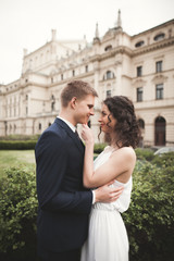 Fototapeta premium Beautiful wedding couple, bride, groom kissing and hugging against the background of theater