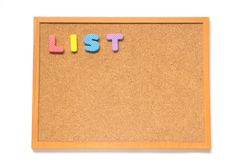 Corkboard with wording list on white background