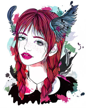Portrait of beautiful girl with feathers in her hair. Red-haired girl with wings. Fashion illustration on abstract watercolor background. Print for T-shirt