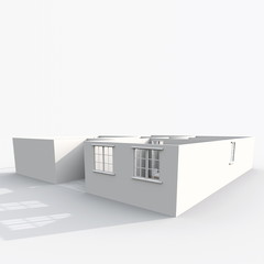 3d exterior rendering perspective view of cube home with two windows: room, bathroom, bedroom, kitchen, living-room, hall, entrance, door, window, 