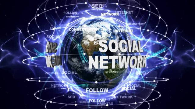 SOCIAL NETWORK Text Animation and Earth, Loop, 4k
