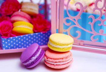 Macaroons and roses in pink cage