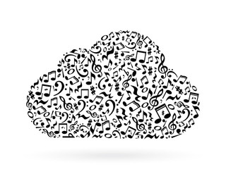 Cloud made of white notes on white background. Cloud made of notes. Musical art. Cloud shape decoration.