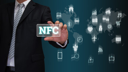 business man touch on virtual screen in near field communication
