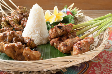 Sate Ayam and Nasi Putih; Indonesian chicken satay with steamed rice