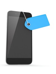 Smart phone with blue price tag on white background. Identification, price, label. 3D rendering.
