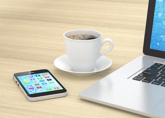 Laptop smartphone and coffee cup on wood. 3d rendering.