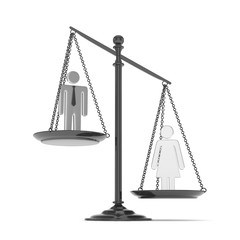 Isolated old fashioned pan scale with man and woman on white background. Gender inequality. Female is heavier. Law issues. Silver model. 3D rendering.