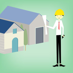 Engineer holding blueprint in front of houses