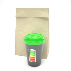 Coffee to go and lunch bag, on white. 3d rendering.