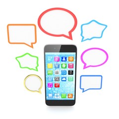 smartphone with bubbles isolated on white background. 3d rendering.