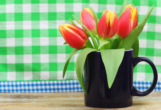 Fototapeta Red and yellow tulips in navy blue mug on checkered background with copy space  