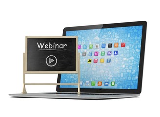 Laptop with chalkboard, webinar, online education concept. 3d rendering.