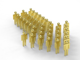 Many 3d people figure in arrow shape with the leader in front. 3d rendering.