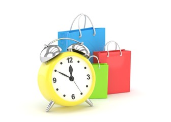 alarm clock and shopping bag (time to buy concept). 3d rendering.