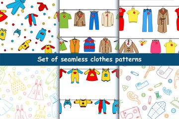 Set of vector seamless patterns with clothes. A collection of bright, beautiful, backgrounds with the image of women's, men's, children's clothing hanging on a clothesline.