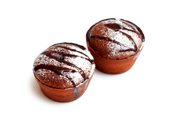 chocolate cupcake with powdered sugar and chocolate sauce on white background