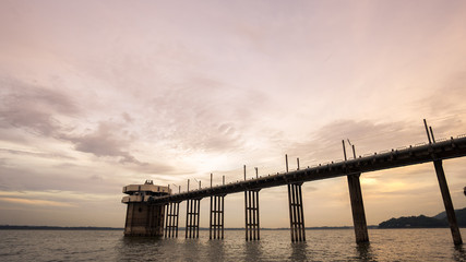 Fototapeta premium The long bridge on reservoir ,Chonburi Thailand. 