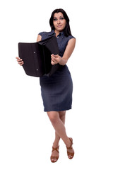 Full body portrait of business woman in dress surprised look with portfolio, briefcase, isolated on white