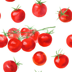 Seamless pattern with vegetables.Tomato cherry.Food picture.Watercolor hand drawn illustration.White background.