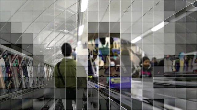 Tube train subway escalator with mosaic grid effect.