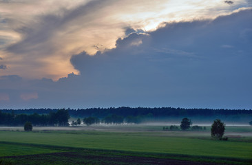 Fototapeta na wymiar Village landscape with streaks of mist in Poland.