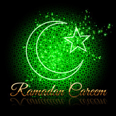 Ramadan Kareem beautiful greeting card - crescent and star on shining green background with islamic pattern.
