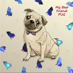 Pug dog under fashion space puppy background