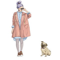 young hipster girl with pug dog fashion best friends white background