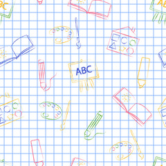 Seamless pattern back to school. Vector White sheet blue squared writing ink Hand-drawn style. Seamless vector wallpaper with the image of colors, brushes, album and other school items