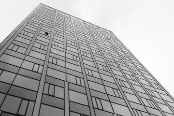 Office complex of high-rise buildings. Black and white.