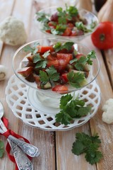 Panna Cotta with cauliflower salad with tomato and basil