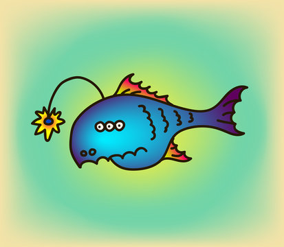 Cartoon party anglefish, vector illustration. Mariana trench inhabitant