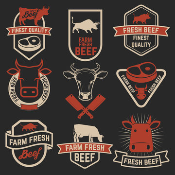 Set of fresh beef labels. Butchery shop emblems.  Design element