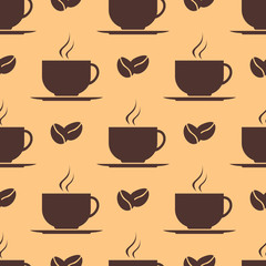 Seamless pattern with cup of coffee and beans. Vector texture.