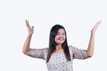 Woman feel happy. Isolated on a white background.