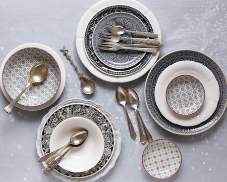Tableware : plates, spoons and forks