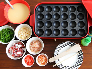 Table for Homemade Japanese Traditional food - TAKOYAKI (octopus dumplings)