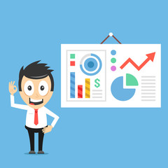 Happy businessman and presentation board with infographics data. Smiling business character. Modern flat design vector illustration